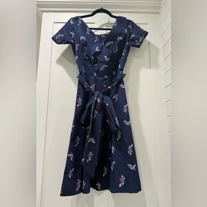 eShakti Navy Bird Print Cotton Poplin Surplice Dress